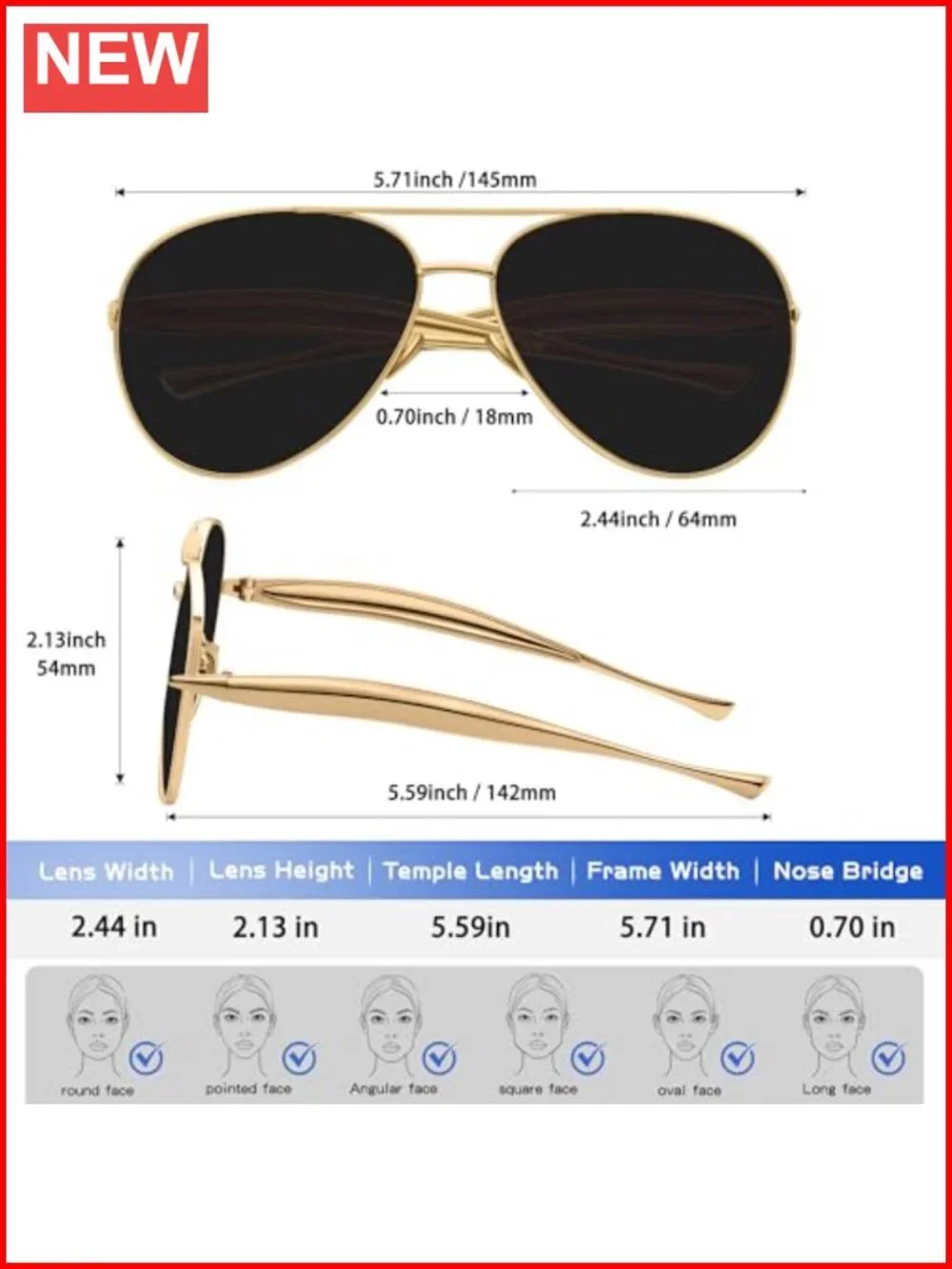 Oversized Aviator Sunglasses Retro Pilot Shield Unisex UV400